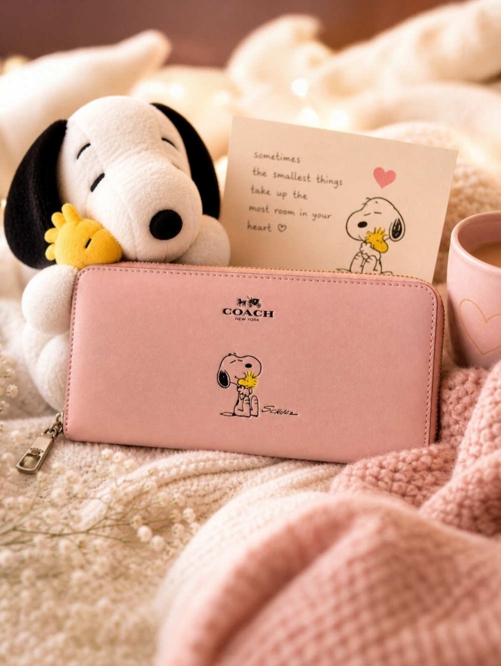 RARE Coach x Peanuts Snoopy Woodstock Pink Leather Zip Around Wallet NWOT Set